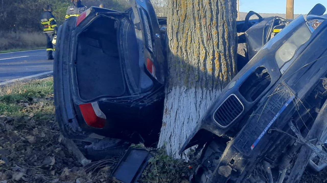 ACCIDENT GRAV! O mașină s-a izbit de un copac: șoferul a suferit un traumatism, iar pasagerul a murit. GALERIE FOTO